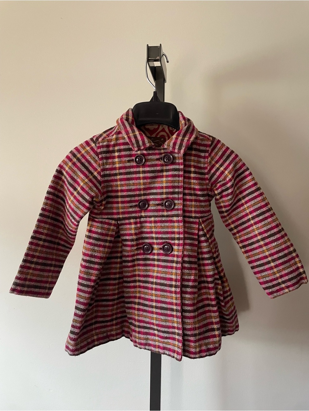 Y2K Old Navy Vintage Plaid Double Breasted Coat Peacoat Flared Pink 4T